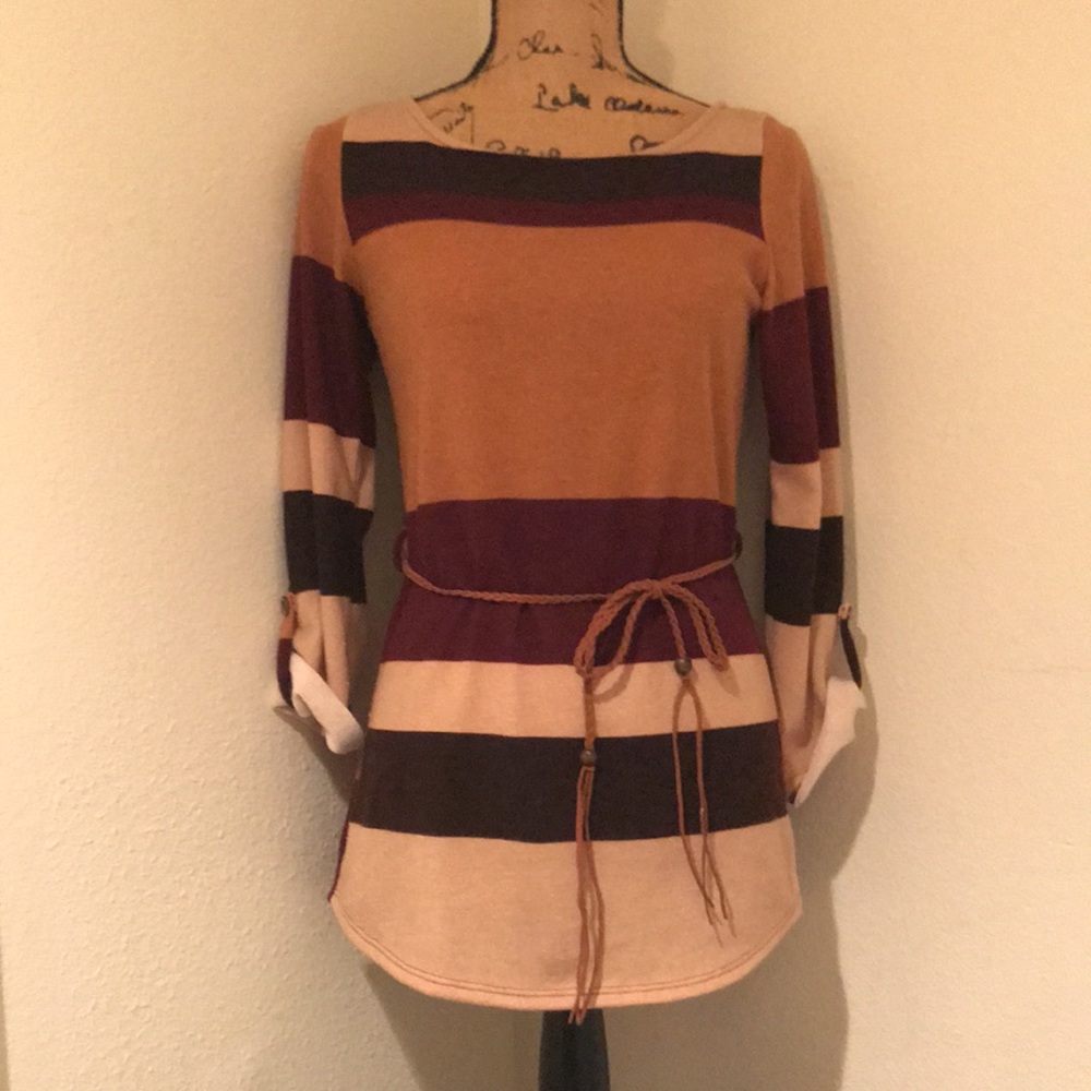 NWT-Love Culture Womens Block Stripe Tunic Top With Braided Belt-S